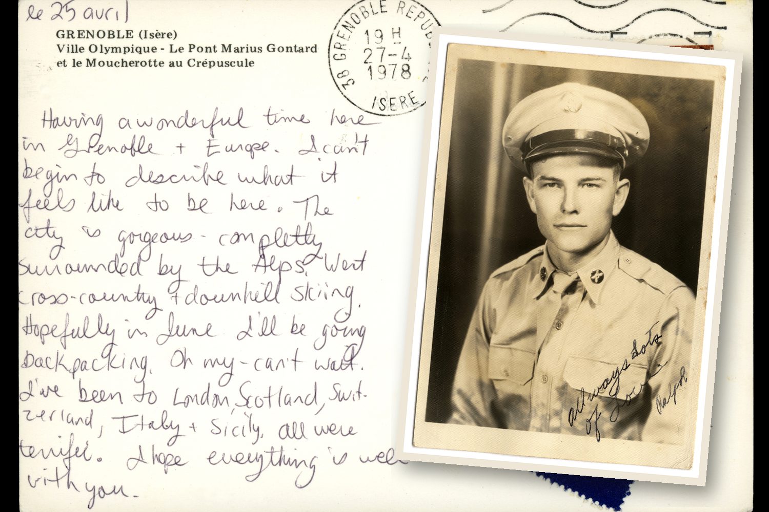 A handwritten postcard with a vintage portrait laid on top, inscribed in cursive